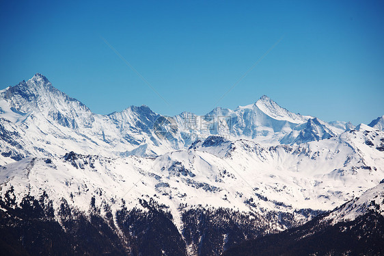 山上有高山冻结蓝色小路滑雪顶峰松树太阳云杉旅行风景图片