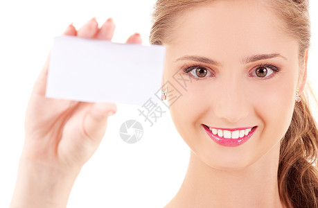 拥有名片的快乐女孩青少年白色微笑卡片女性商务人士广告空白商业图片