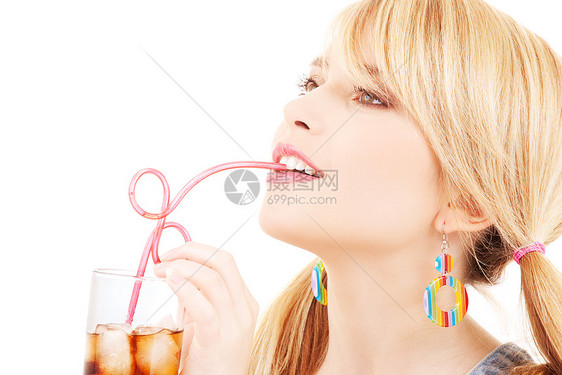 饮女孩女性快乐冷藏稻草饮料食物可乐享受金发女郎图片