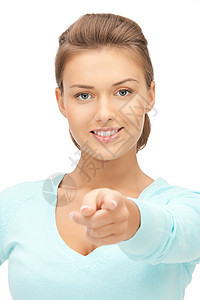 女商务人士指着她的手指女孩女性快乐警报手势行动工作室微笑公告商业图片