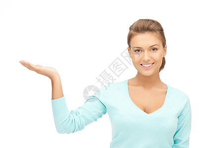 椰枣上的东西白色快乐人士成人微笑棕榈手势广告女性商务图片
