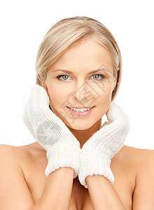 穿戴手套的美丽女子护理季节福利容貌幸福羊毛成人女性皮肤女孩图片