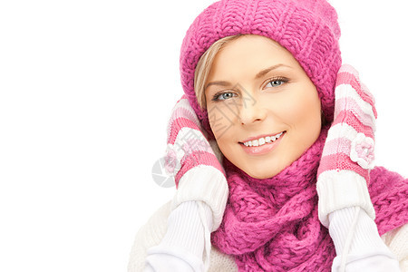 戴冬帽的美女女性季节微笑围巾成人手套羊毛幸福福利帽子图片