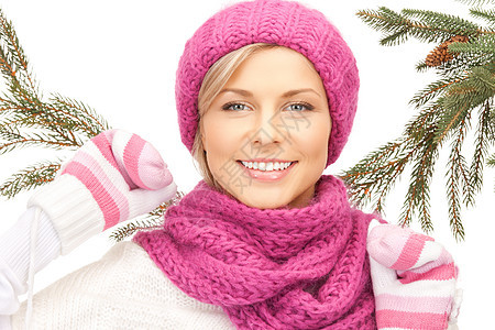 戴冬帽的美女幸福羊毛女性季节衣服微笑棉被围巾女孩手套图片
