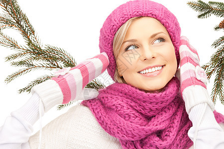 戴冬帽的美女女孩羊毛女性围巾福利棉被微笑幸福帽子衣服图片