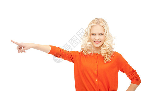 女商务人士指着她的手指女性成人快乐人士女孩警报商业工作室手臂行动图片