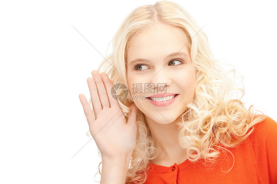妇女监听流言微笑快乐谣言人士女性青少年商务八卦耳朵棕榈图片