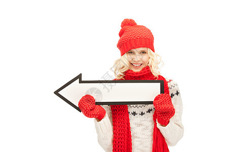 女性方向箭头符号行动帽子公告快乐微笑围巾手套季节衣服女孩图片