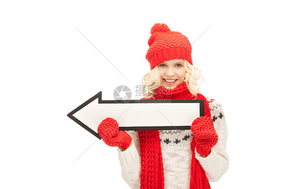 女性方向箭头符号行动帽子公告快乐微笑围巾手套季节衣服女孩图片