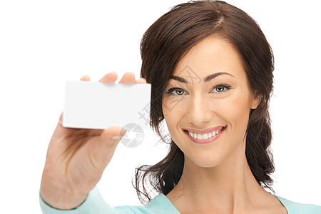 拥有名片的妇女快乐商业空白微笑女孩卡片商务女性白色广告图片