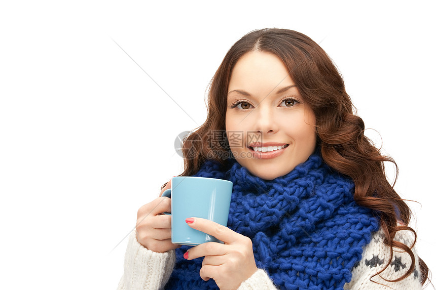 蓝脸女人饮料女性女孩微笑蓝色杯子季节福利成人图片