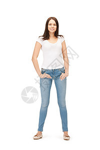 快乐和无照顾的少女牛仔裤微笑白色青少年女性蓝色衬衫青年学生女士图片