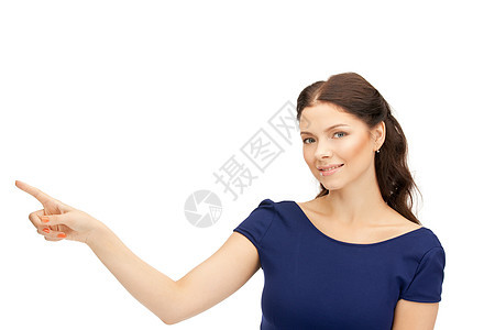 女商务人士指着她的手指行动快乐工作室女孩女性商务人士成人手臂商业图片