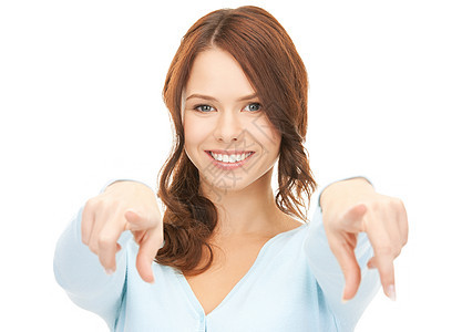 女商务人士指着她的手指公告手势学生微笑警报快乐人士女性成人商务图片