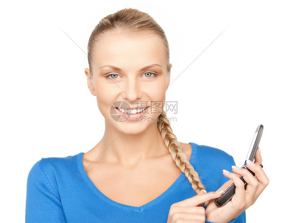 拥有手机的女商务人士电话青少年全球定位冲浪互联网呼唤商业微笑女孩图片