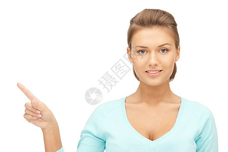 女商务人士指着她的手指人士成人警报快乐商业行动女孩手势手臂公告图片