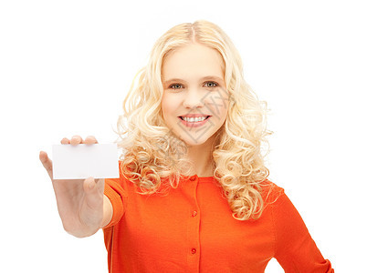 具有商业名片的有吸引力的学生白色空白人士广告卡片快乐商务女性女孩青少年图片