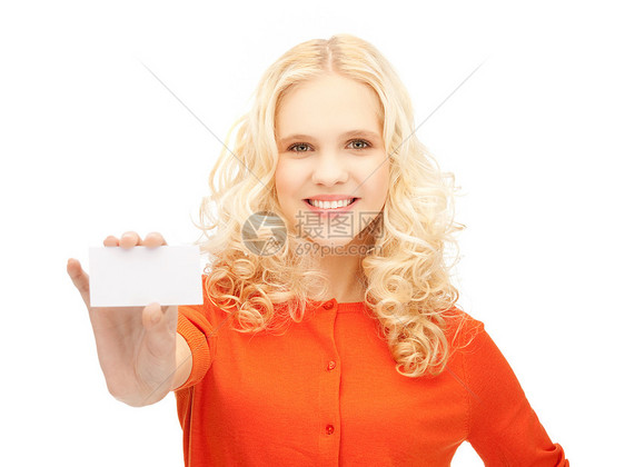 具有商业名片的有吸引力的学生白色空白人士广告卡片快乐商务女性女孩青少年图片