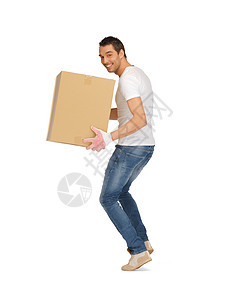 长着大盒子的帅帅帅男人邮政包装纸板商业送货小伙子学生工人运输纸盒图片