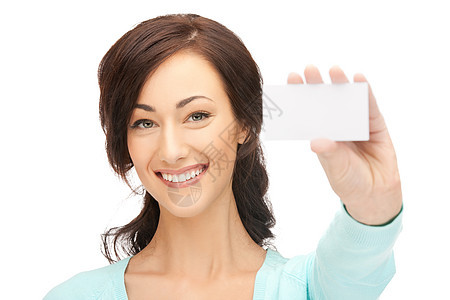具有商业名片的有吸引力的女商务人士广告卡片人士女孩微笑女性白色快乐空白商务图片