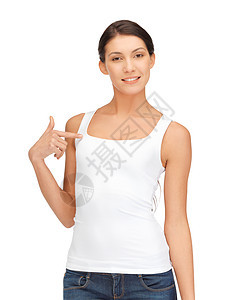 穿着白白白色T恤衫的笑着微笑的少女学生空白女性衬衫青年青少年女士快乐图片