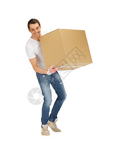 长着大盒子的帅帅帅男人学生服务纸板送货纸盒包装邮政销售量微笑运输图片