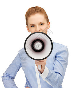 使用扩音器的幸福妇女嗓音商务女孩广告人士喇叭尖叫女性民众演讲图片