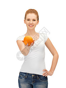 含橙色的少女女性保健营养水果青少年活力卫生女孩微笑衬衫图片