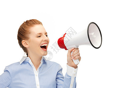 使用扩音器的幸福妇女尖叫演讲微笑广告快乐学生公告嗓音注意力喇叭图片