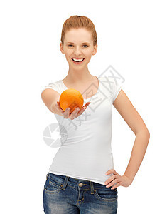 含橙色的少女维生素女性卫生衬衫早餐橙子饮食活力水果保健图片