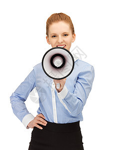 使用扩音器的幸福妇女喇叭学生广告商务女孩公告尖叫民众嗓音演讲图片