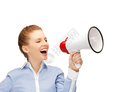 使用扩音器的幸福妇女尖叫演讲公告快乐民众女孩广播喇叭商务微笑图片