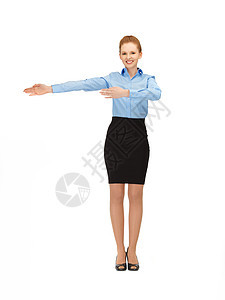微笑的空姐展示方向女性空气旅行办公室人士快乐女孩成人手势指挥图片