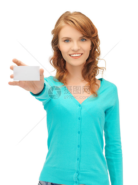 具有商业名片的有吸引力的学生白色女孩广告商务女性卡片青少年空白快乐人士图片