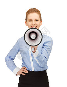 使用扩音器的幸福妇女注意力广告女性喇叭人士嗓音尖叫公告学生微笑图片