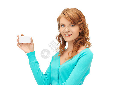具有商业名片的有吸引力的学生女孩空白青少年快乐广告商务女性卡片白色人士图片