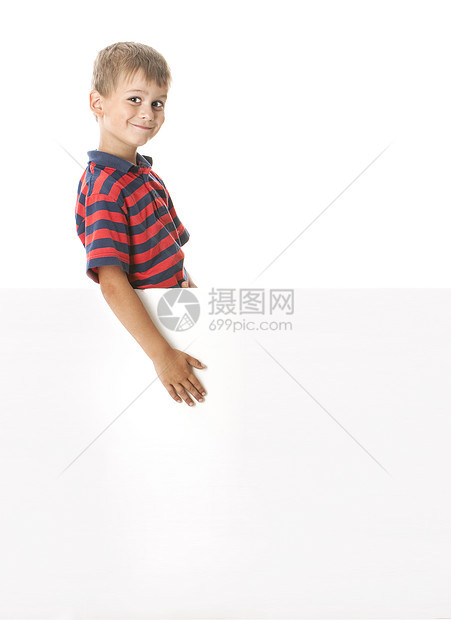 男孩拿着横幅广告牌童年快乐白色广告帆布教育空白幸福水平图片