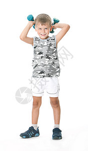 有哑铃的男孩乐趣幸福玩具头发活动白色行动健康童年孩子图片