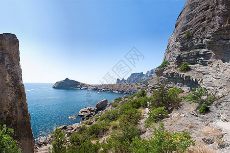 Sudak海滩 黑海 乌克兰 黑海海洋海岸房子蓝色全景假期支撑石头旅行旅游图片