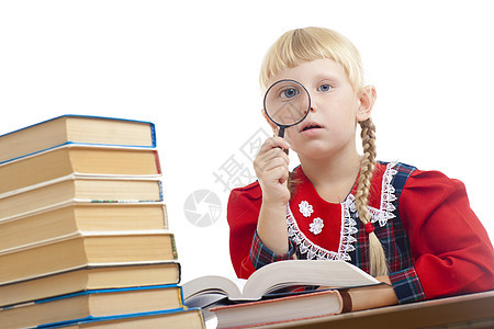 女孩与卢普阅读好奇心镜片学习童年学生工作室教育眼睛孩子放大镜图片