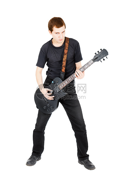 白色背景的摇滚音乐家乐器吉他手喜悦快乐吉他男生独奏牛仔裤男人乐队图片
