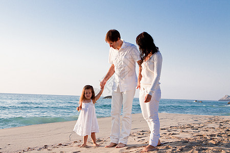 快乐的年轻家庭 和女儿在沙滩上喜悦女士假期孩子父亲旅游女性海滩母亲男人图片