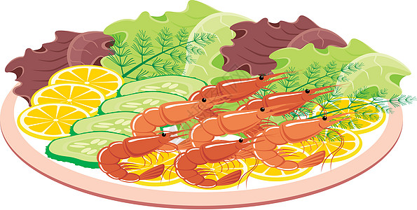 虾虾和蔬菜中的小菜食物草本植物柠檬盘子贝类美食海鲜叶子餐厅菜单图片
