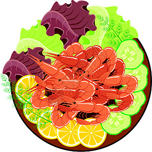 虾虾和蔬菜中的小菜贝类菜单叶子柠檬草本植物小吃餐具香料盘子餐厅图片