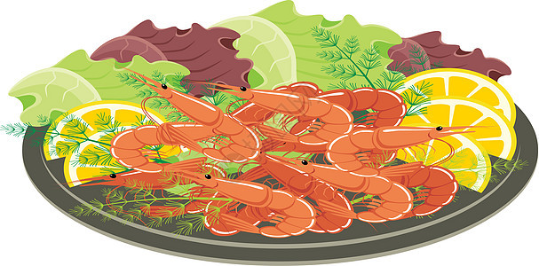虾虾和蔬菜中的小菜海鲜美食叶子贝类酱料香料餐具草本植物柠檬沙拉图片