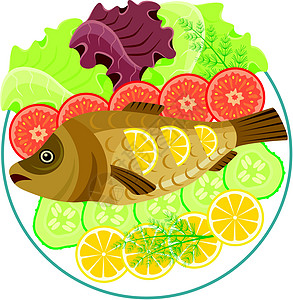 和烤鱼一起吃餐具食物草本植物酱料沙拉鲤鱼盘子餐厅午餐柠檬图片