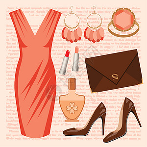 装着裙子的时装口红背景橙子女性精品耳环米色高跟鞋衣服香水图片