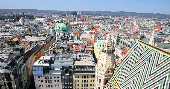 维也纳全景 史提芬大教堂的空中观察景观蓝色中心首都房子天际丘陵旅行城市地标图片