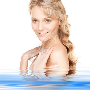 美丽美丽的妇女女孩护理微笑头发女性活力青年卫生蓝色温泉图片