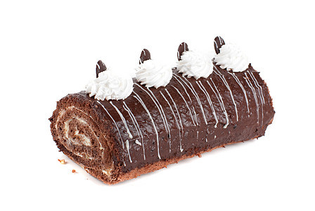 巧克力瑞士卷食物日志磨砂奶油海绵糖果鞭打树叶蛋糕糕点背景图片
